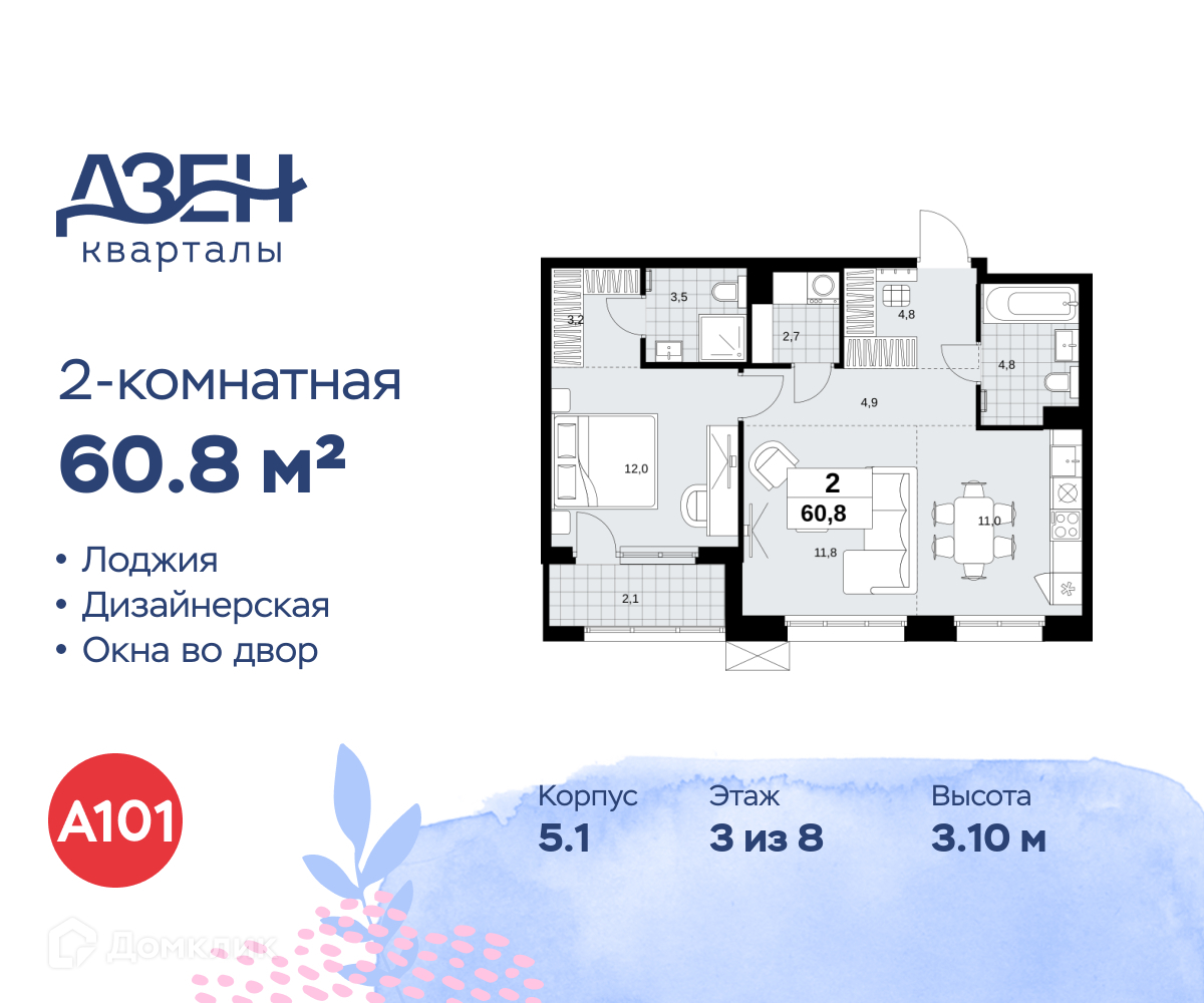 Планировка 2-комн. в ЖК «Дзен-кварталы»