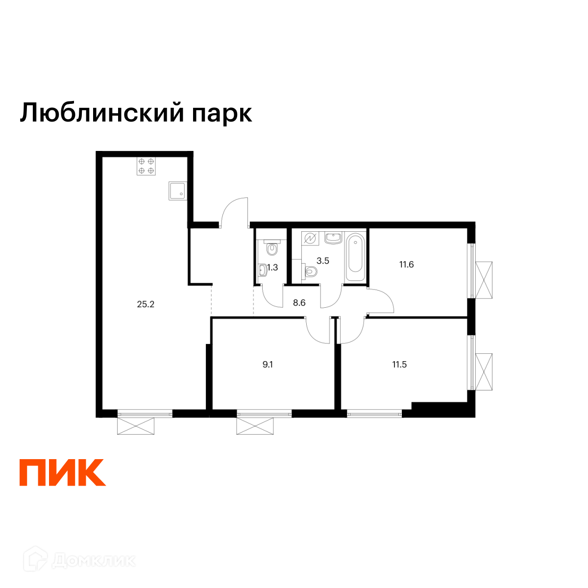 Планировка 3-комн. в ЖК «Люблинский парк»