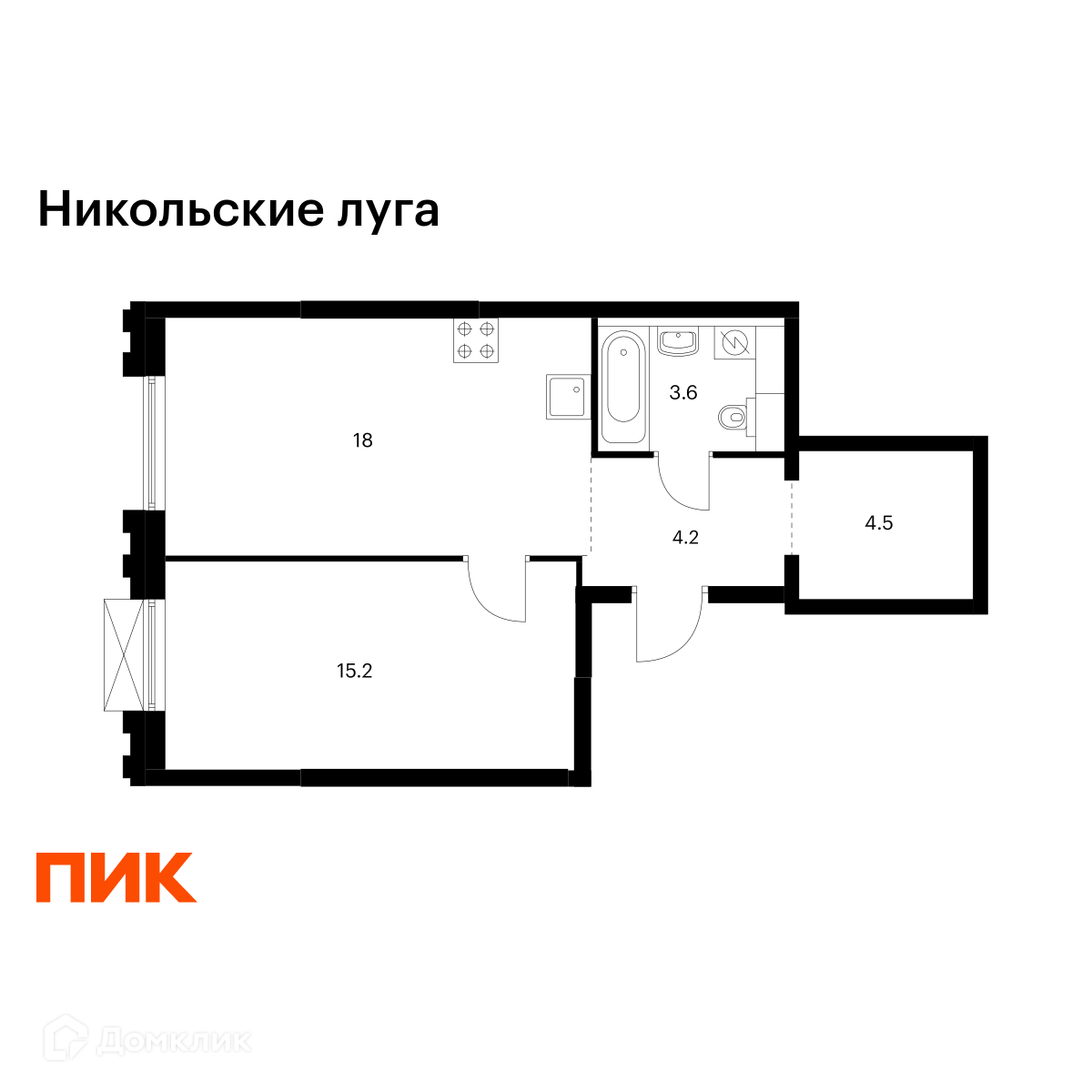 Планировка 1-комн. в ЖК «Никольские луга»