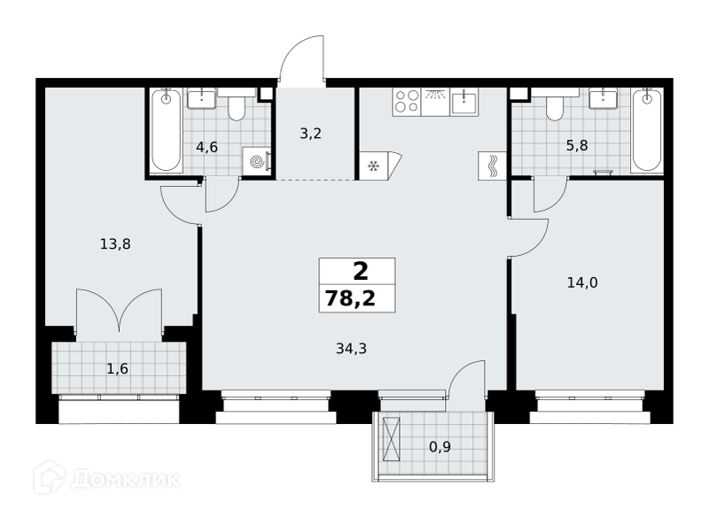 Планировка 2-комн. в ЖК «Хольм. Эйк»
