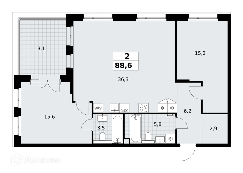 Планировка 2-комн. в ЖК «Хольм. Эйк»