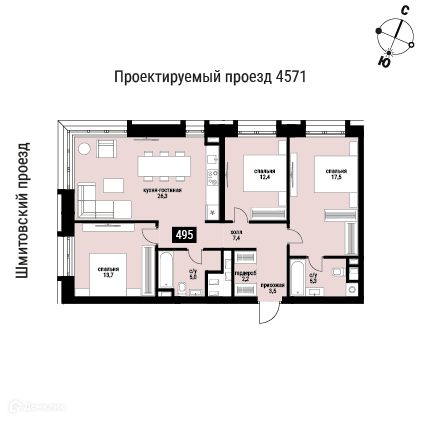 Планировка 3-комн. в ЖК «Шелепиха»