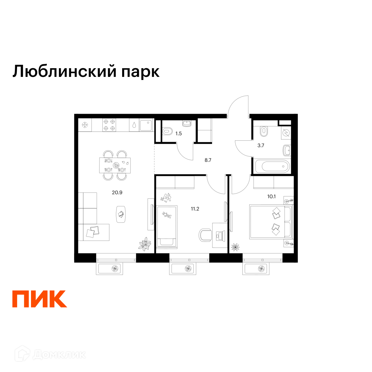Планировка 2-комн. в ЖК «Люблинский парк»