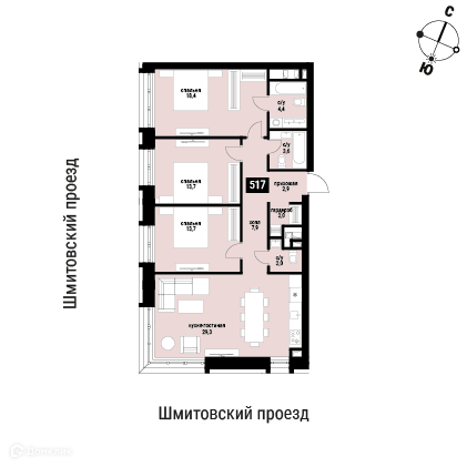 Планировка 3-комн. в ЖК «Шелепиха»