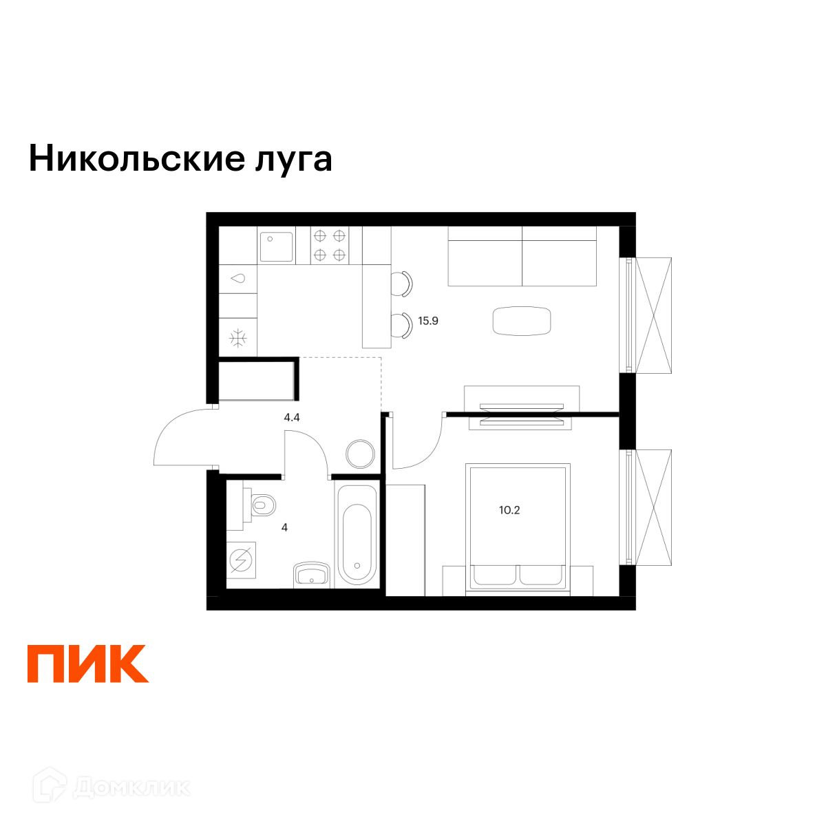 Планировка 1-комн. в ЖК «Никольские луга»
