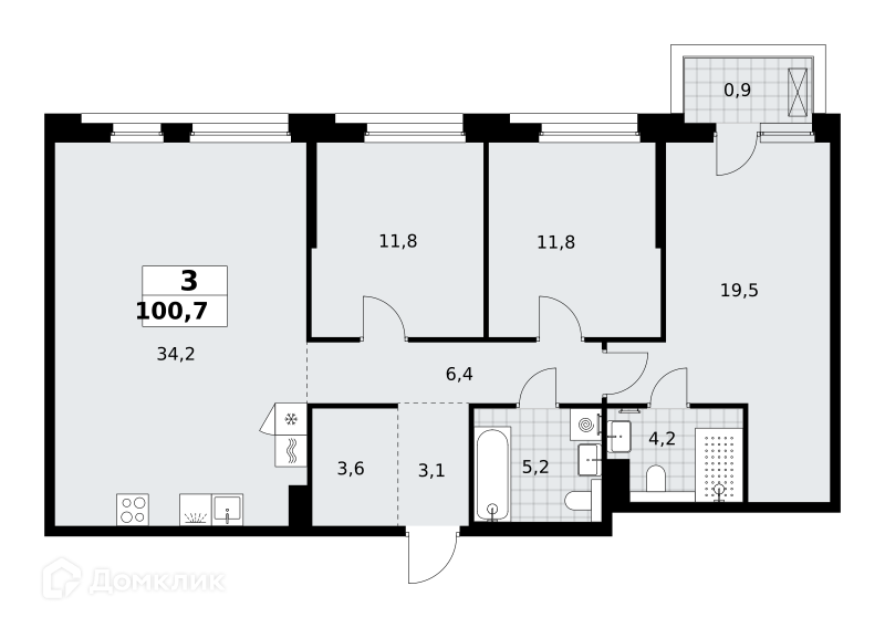 Планировка 3-комн. в ЖК «Хольм. Эйк»