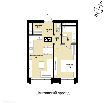 Планировка 1-комн. в ЖК «Шелепиха»
