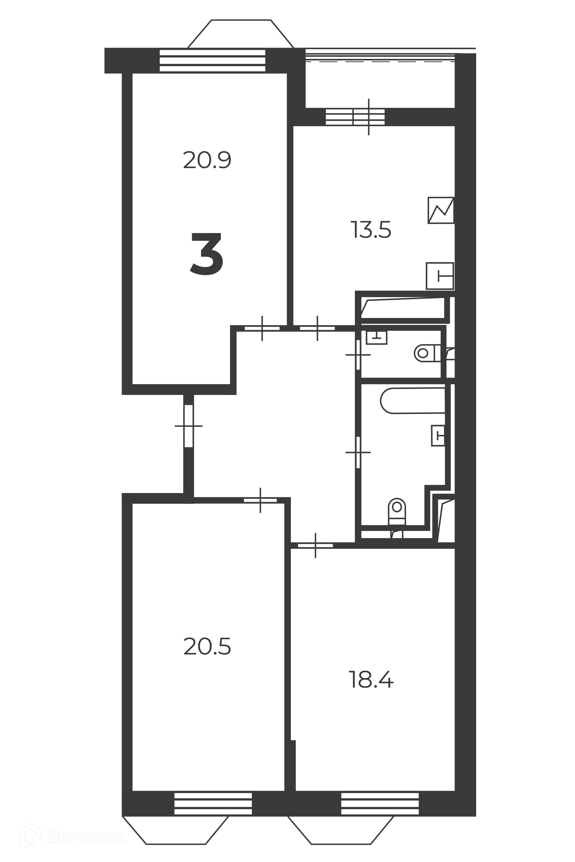 Планировка 3-комн. в ЖК «Чоботовская, 2А (Московские кварталы)»