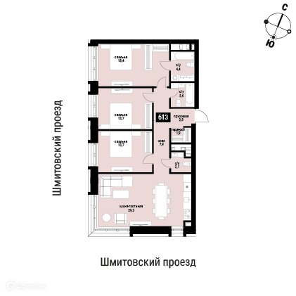 Планировка 3-комн. в ЖК «Шелепиха»