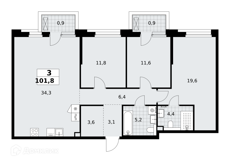 Планировка 3-комн. в ЖК «Хольм. Эйк»