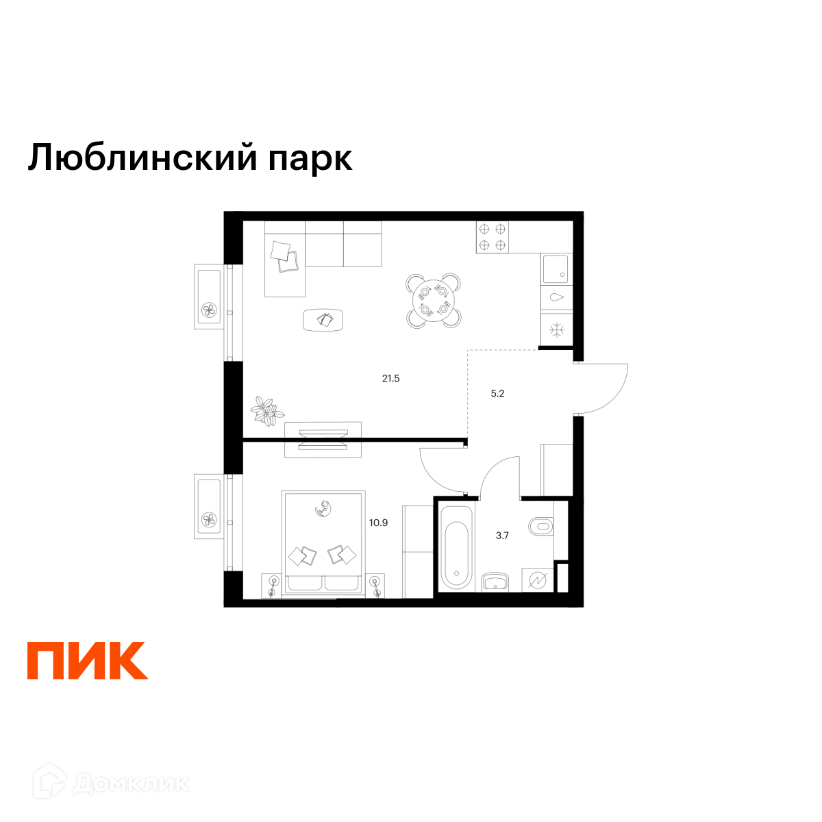 Планировка 1-комн. в ЖК «Люблинский парк»