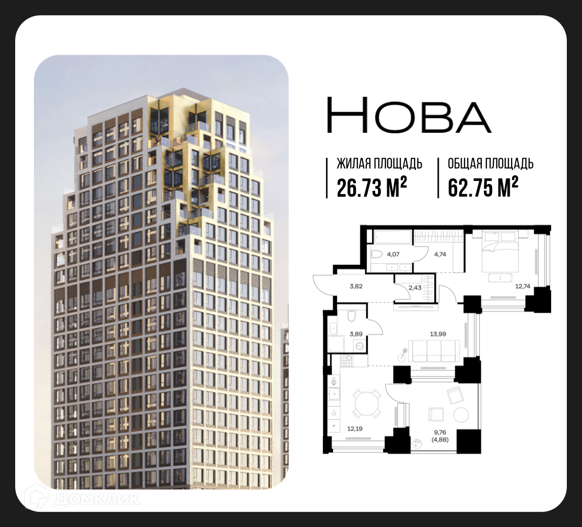 Планировка 1-комн. в ЖК «Нова»