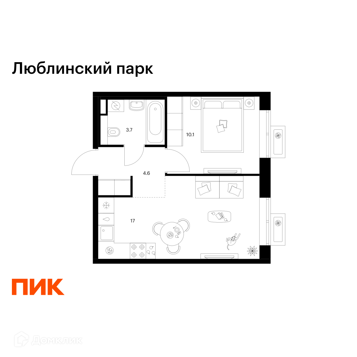 Планировка 1-комн. в ЖК «Люблинский парк»