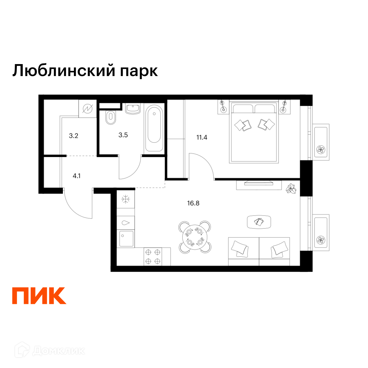 Планировка 1-комн. в ЖК «Люблинский парк»