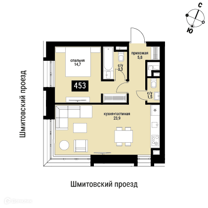 Планировка 1-комн. в ЖК «Шелепиха»