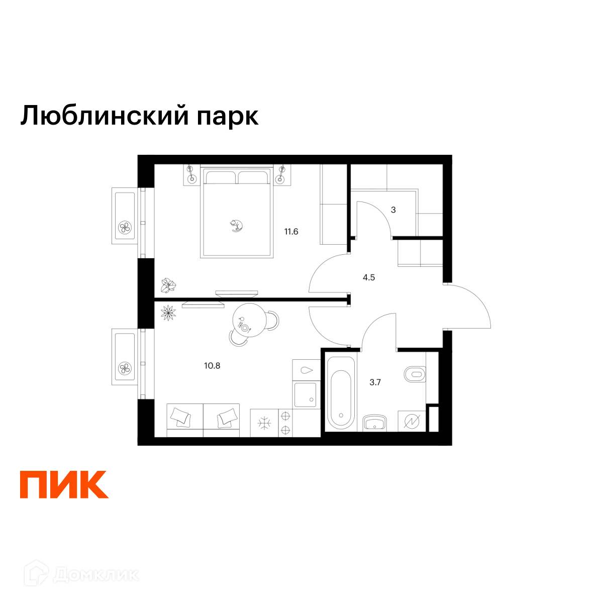 Планировка 1-комн. в ЖК «Люблинский парк»