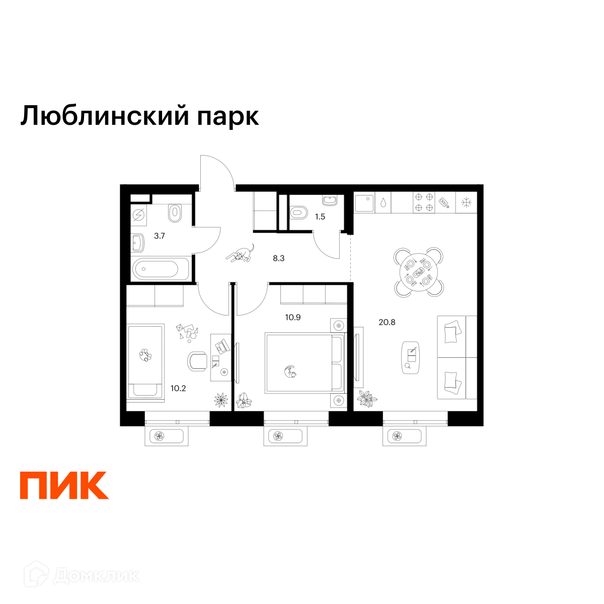 Планировка 2-комн. в ЖК «Люблинский парк»