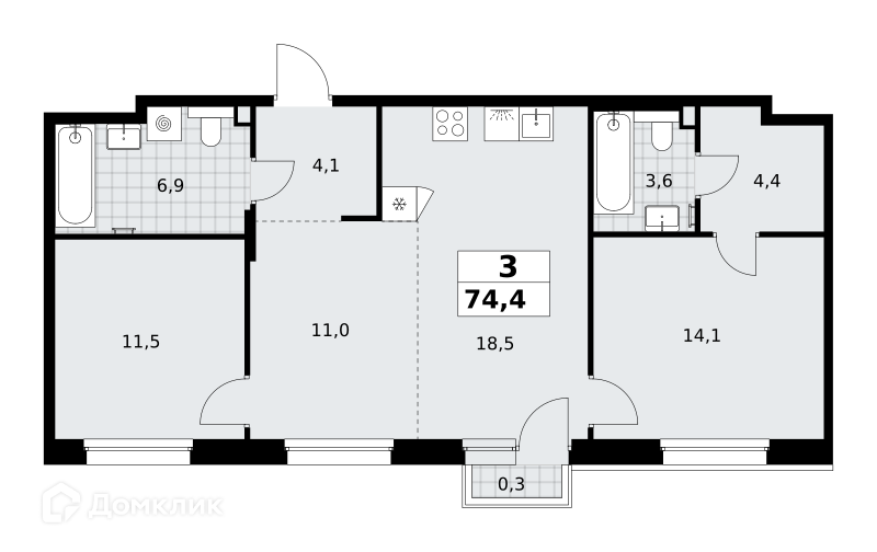 Планировка 3-комн. в ЖК «Хольм. Эйк»