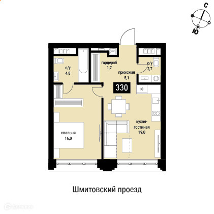 Планировка 1-комн. в ЖК «Шелепиха»