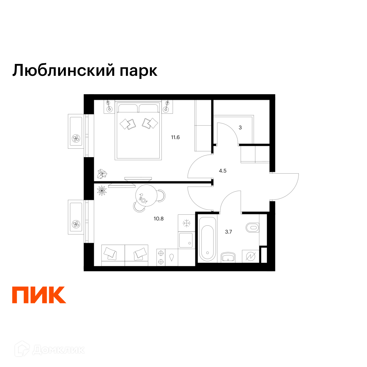 Планировка 1-комн. в ЖК «Люблинский парк»