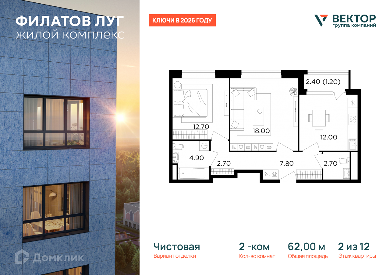 Планировка 2-комн. в ЖК «Филатов Луг»