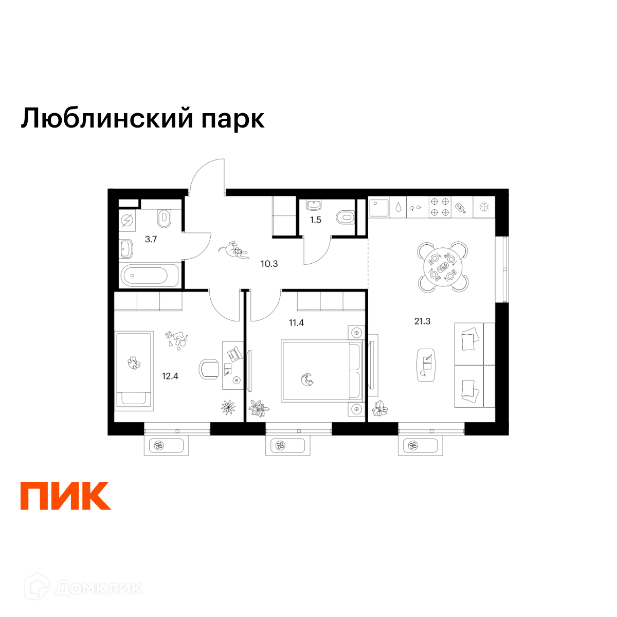Планировка 2-комн. в ЖК «Люблинский парк»