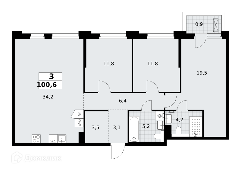 Планировка 3-комн. в ЖК «Хольм. Эйк»