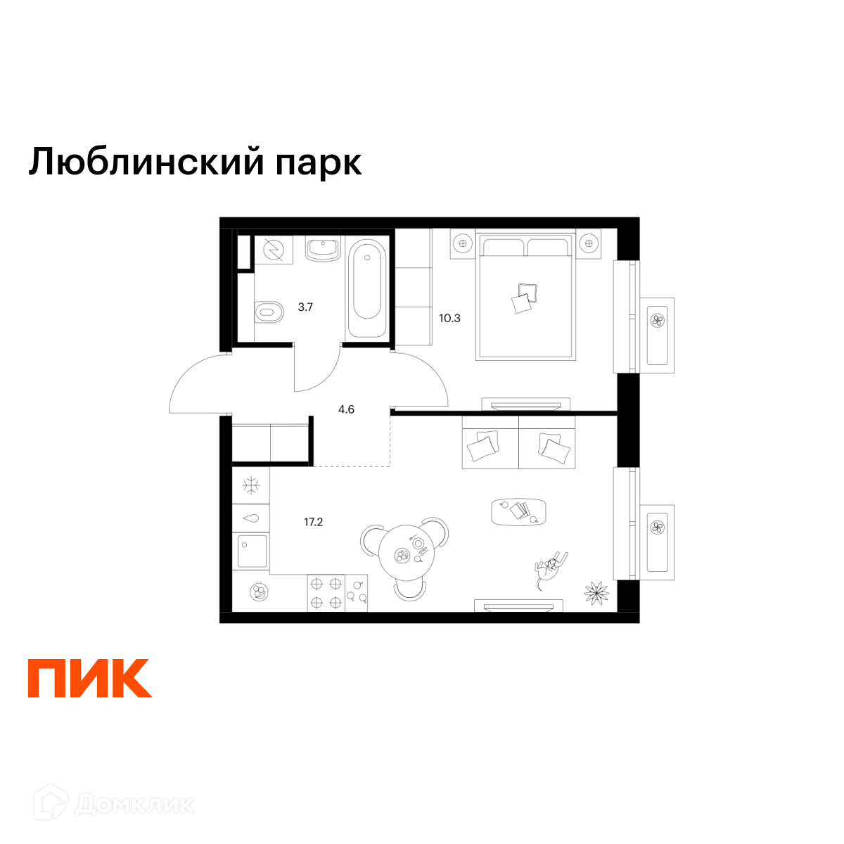 Планировка 1-комн. в ЖК «Люблинский парк»