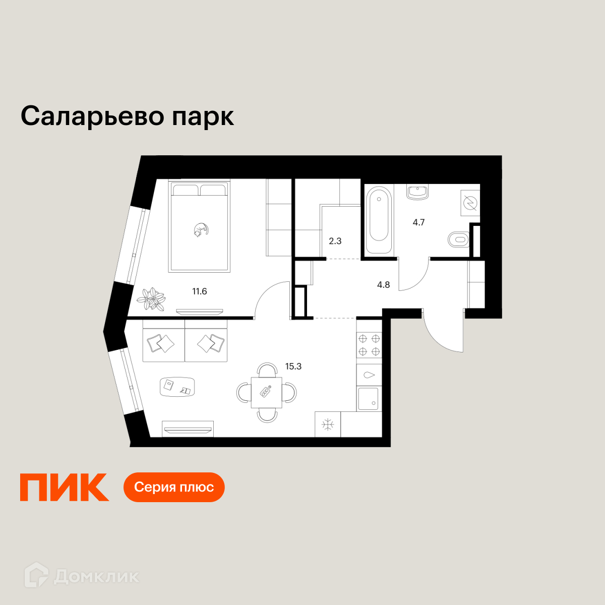 Планировка 1-комн. в ЖК «Саларьево парк»