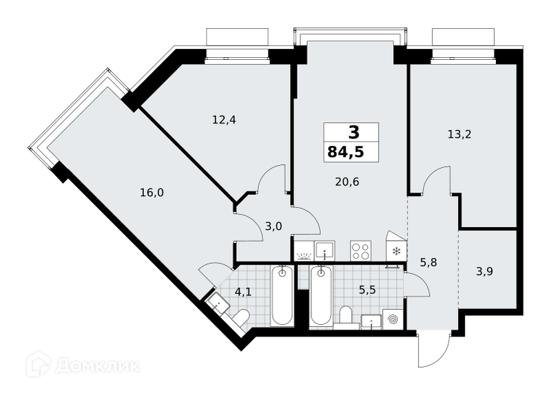 Планировка 3-комн. в ЖК «Хольм. Эйк»