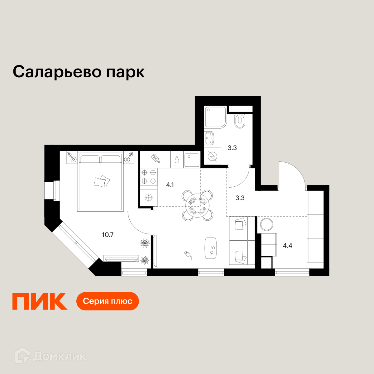 Планировка 1-комн. в ЖК «Саларьево парк»