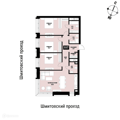 Планировка 3-комн. в ЖК «Шелепиха»