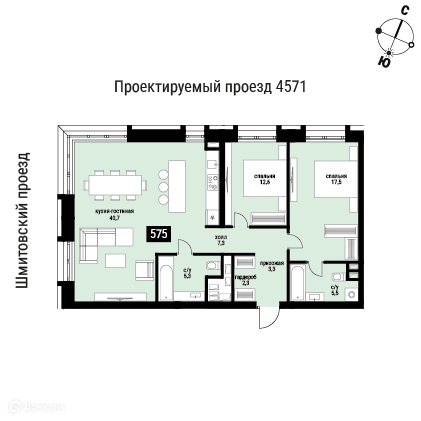 Планировка 2-комн. в ЖК «Шелепиха»