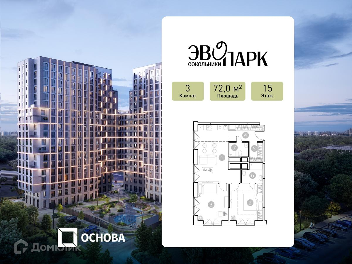 Планировка 3-комн. в ЖК «ЭВОПАРК Сокольники»