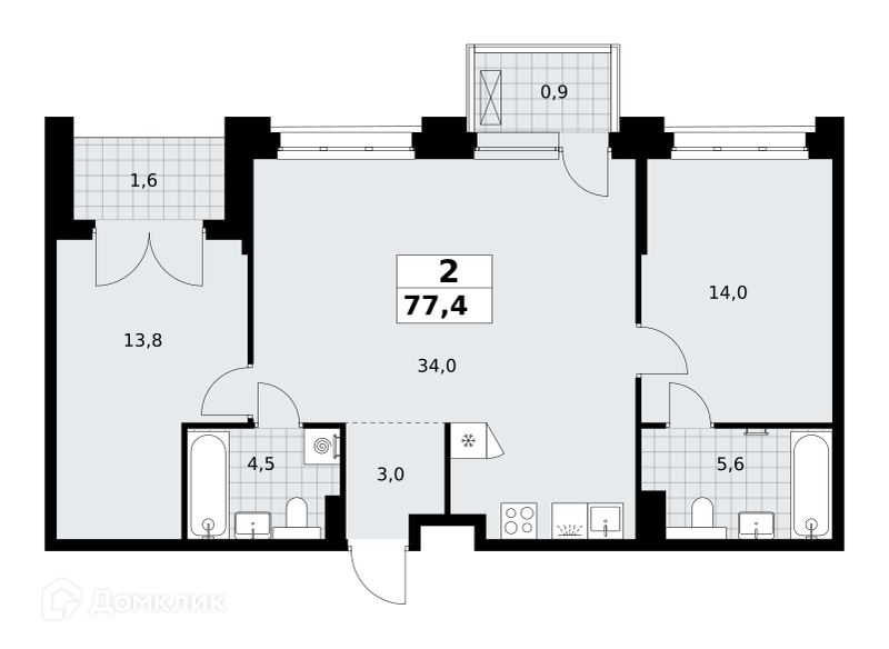 Планировка 2-комн. в ЖК «Хольм. Эйк»