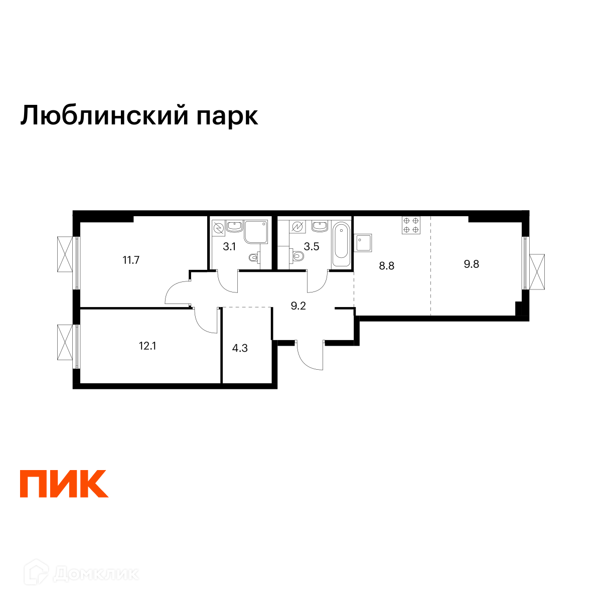Планировка 3-комн. в ЖК «Люблинский парк»