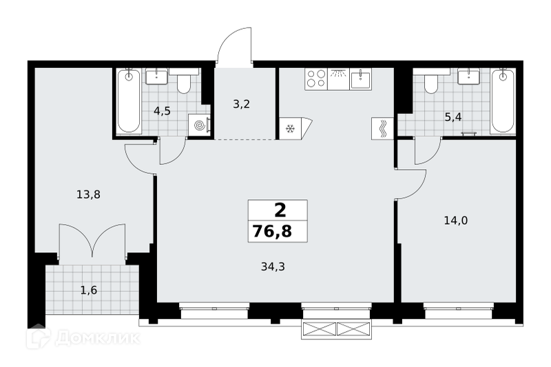 Планировка 2-комн. в ЖК «Хольм. Эйк»