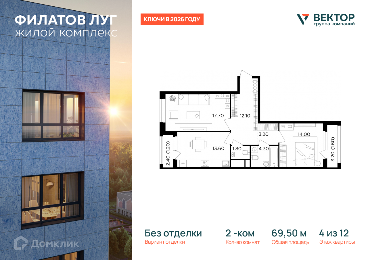 Планировка 2-комн. в ЖК «Филатов Луг»