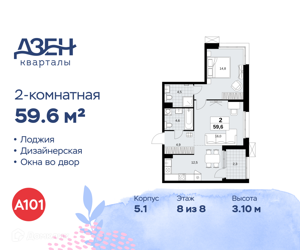 Планировка 2-комн. в ЖК «Дзен-кварталы»