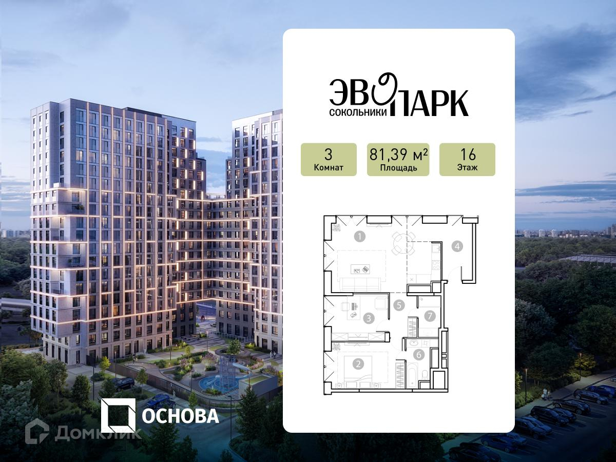 Планировка 3-комн. в ЖК «ЭВОПАРК Сокольники»