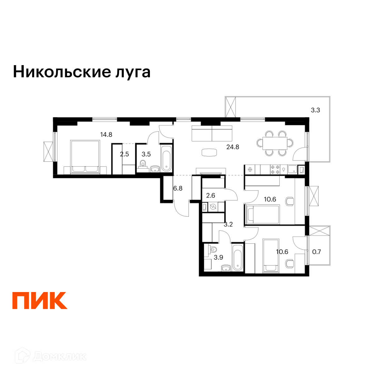 Планировка 3-комн. в ЖК «Никольские луга»