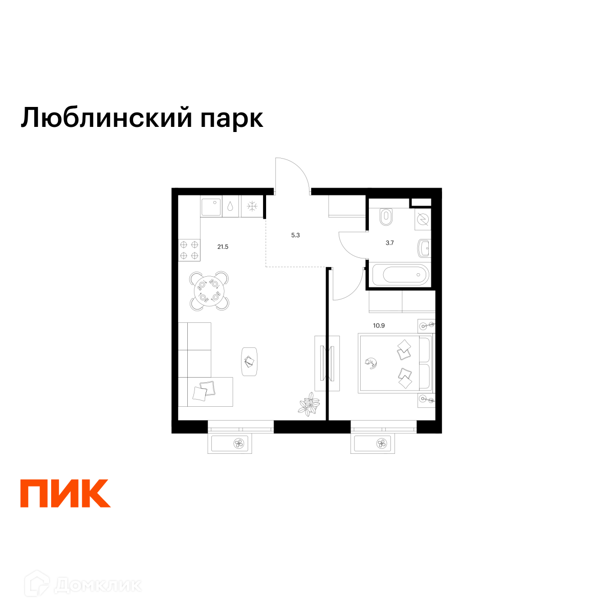 Планировка 1-комн. в ЖК «Люблинский парк»