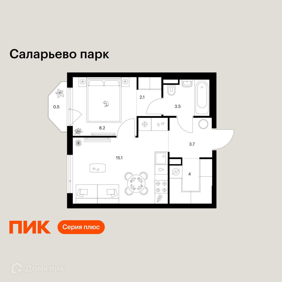 Планировка 1-комн. в ЖК «Саларьево парк»