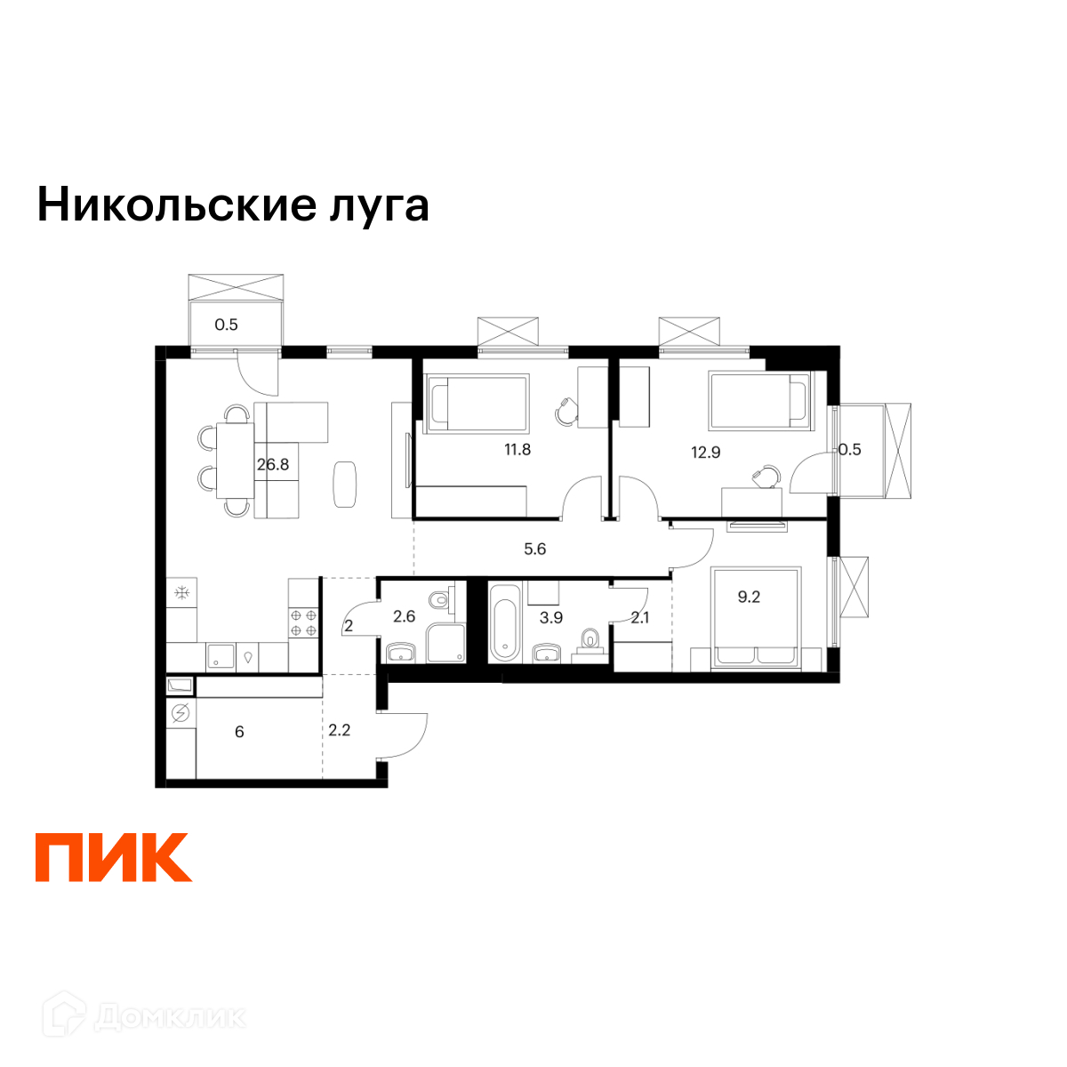 Планировка 3-комн. в ЖК «Никольские луга»