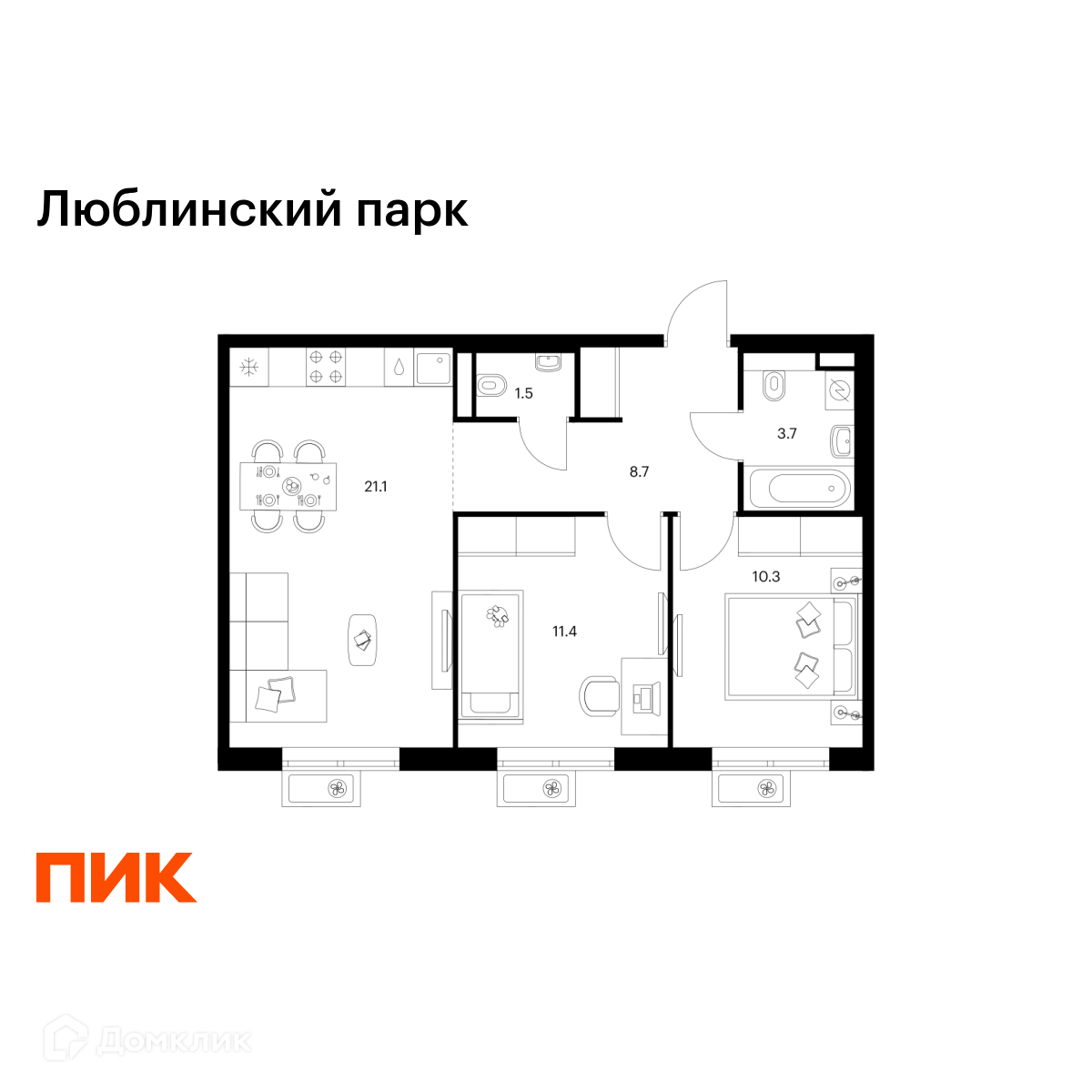 Планировка 2-комн. в ЖК «Люблинский парк»