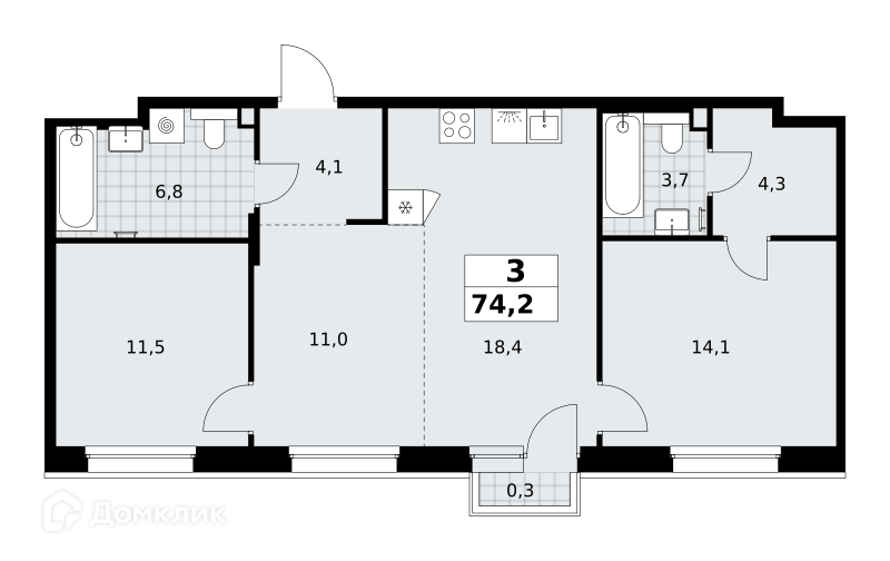 Планировка 3-комн. в ЖК «Хольм. Эйк»