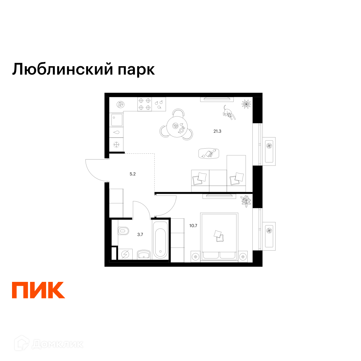 Планировка 1-комн. в ЖК «Люблинский парк»