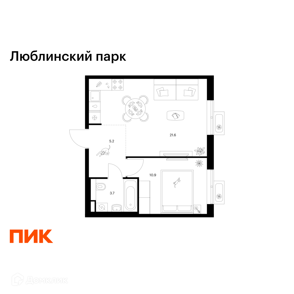 Планировка 1-комн. в ЖК «Люблинский парк»