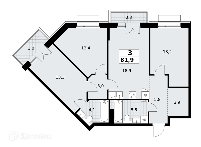 Планировка 3-комн. в ЖК «Хольм. Эйк»
