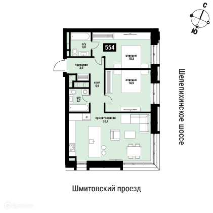 Планировка 2-комн. в ЖК «Шелепиха»